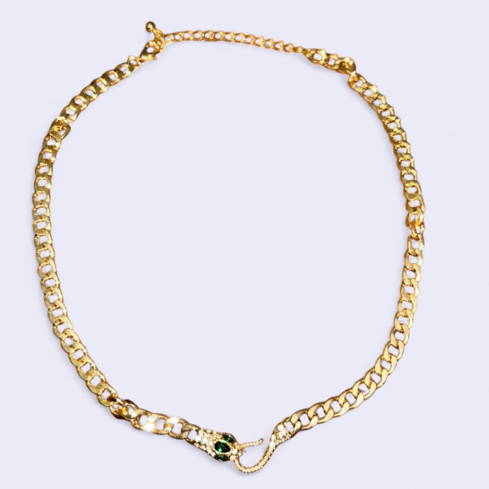Elegant Snake Gold Chain Necklace with Green Accent